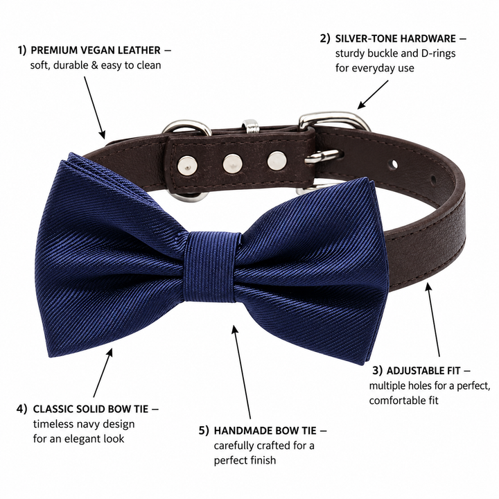Navy Satin Ring Bearer Wedding Dog Bow Tie Collar with Adjustable Brown Vegan Leather Collar