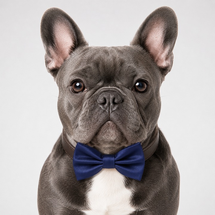 Navy Satin Ring Bearer Wedding Dog Bow Tie Collar with Adjustable Brown Vegan Leather Collar