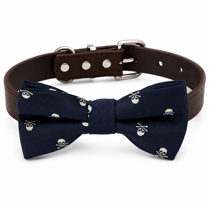 Navy Skull Ring Bearer Wedding Dog Bow Tie Collar with Adjustable Brown Vegan Leather Collar