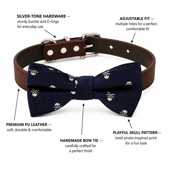Navy Skull Ring Bearer Wedding Dog Bow Tie Collar with Adjustable Brown Vegan Leather Collar