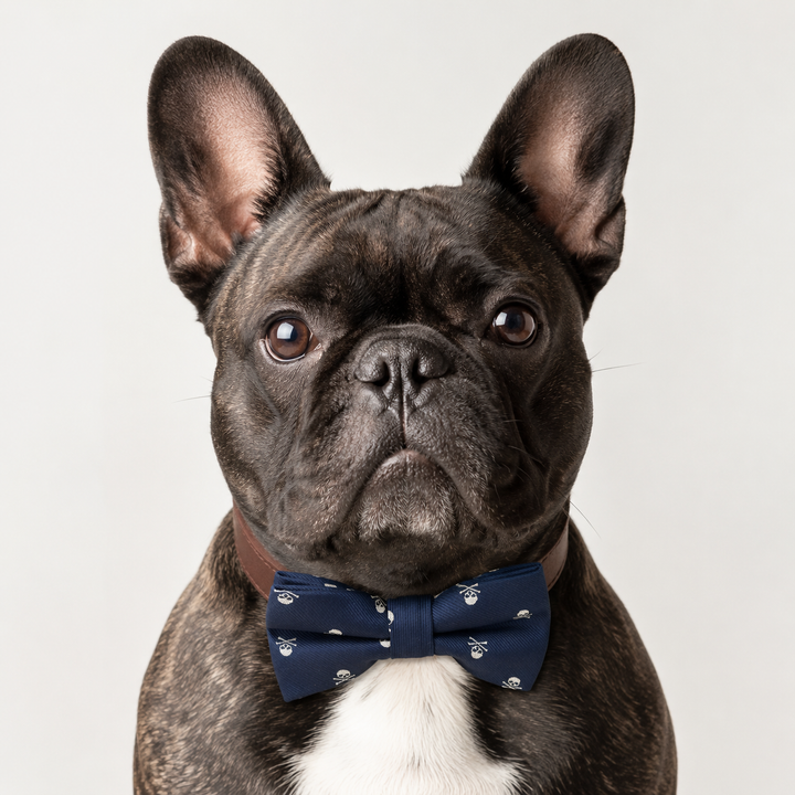 Navy Skull Ring Bearer Wedding Dog Bow Tie Collar with Adjustable Brown Vegan Leather Collar