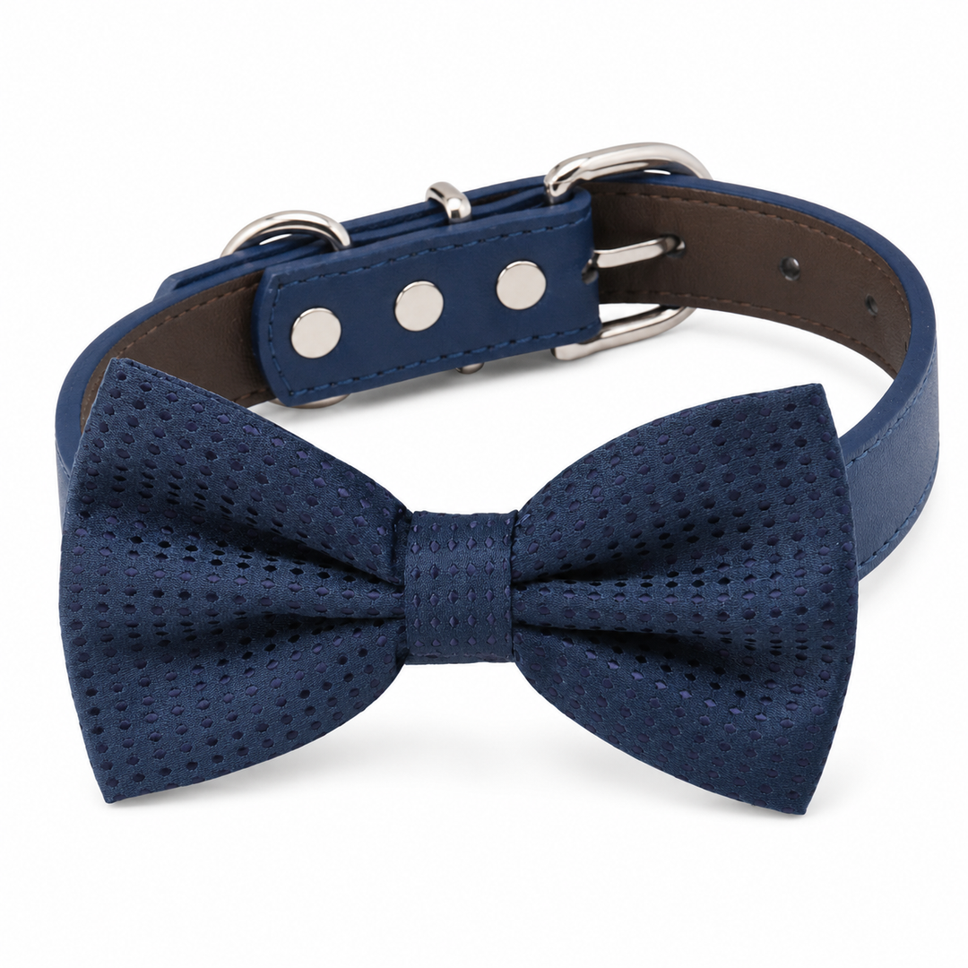 Navy Textured Ring Bearer Wedding Dog Bow Tie Collar with Adjustable Royal Blue Vegan Leather Collar