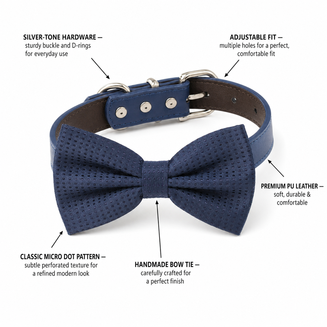 Navy Textured Ring Bearer Wedding Dog Bow Tie Collar with Adjustable Royal Blue Vegan Leather Collar