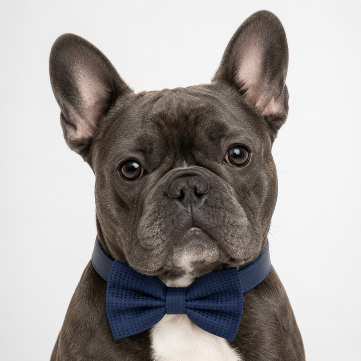 Navy Textured Ring Bearer Wedding Dog Bow Tie Collar with Adjustable Royal Blue Vegan Leather Collar