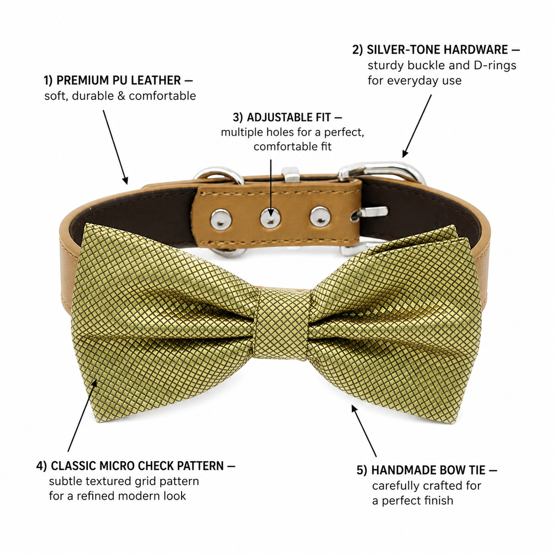 Olive Green Ring Bearer Dog Bow Tie Collar with Tan Vegan Leather Collar