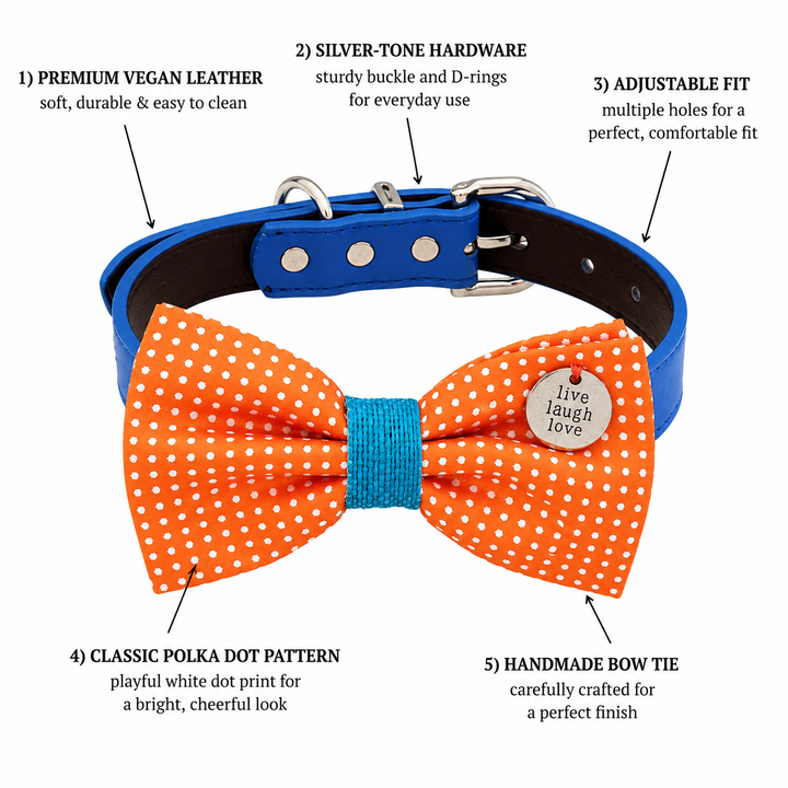 Orange Polka Dot Ring Bearer Dog Bow Tie Collar with Live Laugh Love Charm and Blue Vegan Leather Collar