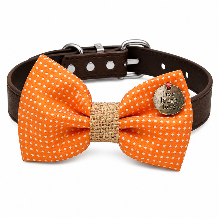 Orange Polka Dot Ring Bearer Wedding Dog Bow Tie Collar with Adjustable Brown Vegan Leather Collar