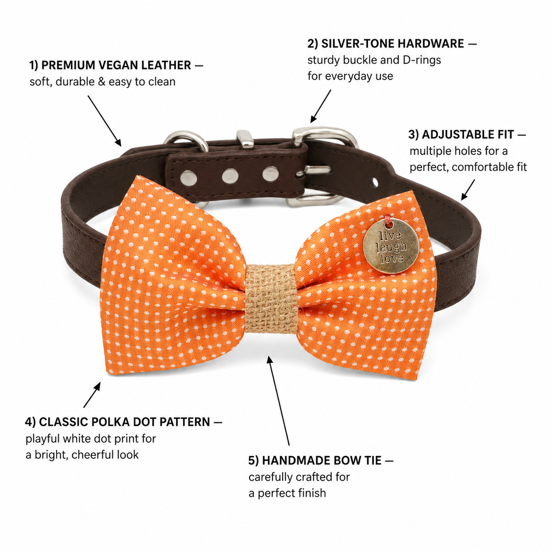 Orange Polka Dot Ring Bearer Wedding Dog Bow Tie Collar with Adjustable Brown Vegan Leather Collar