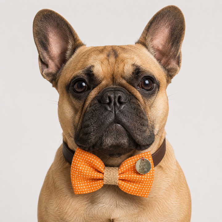 Orange Polka Dot Ring Bearer Wedding Dog Bow Tie Collar with Adjustable Brown Vegan Leather Collar
