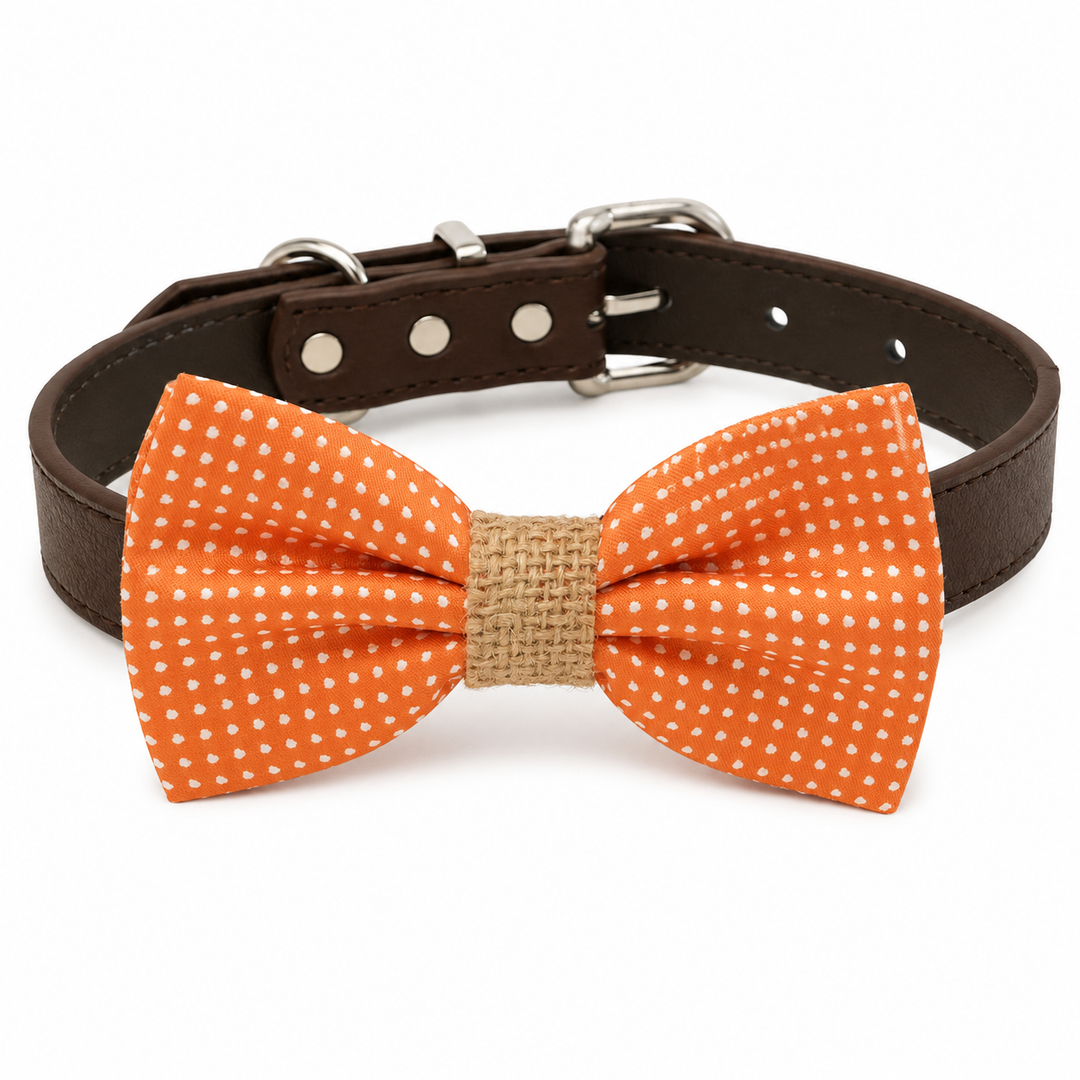 Orange Polka Dot Ring Bearer Wedding Dog Bow Tie Collar with Burlap Center and Brown Vegan Leather Collar