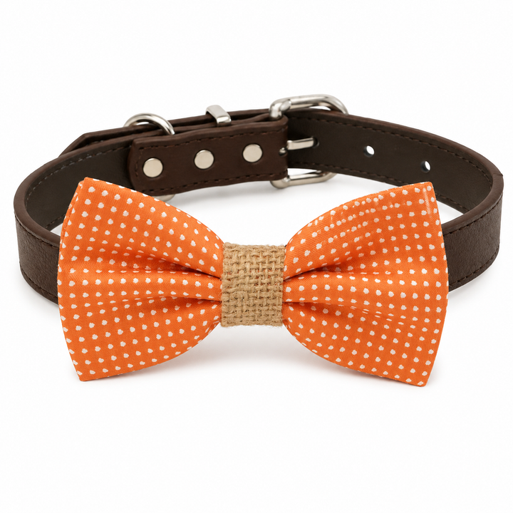 Orange Polka Dot Ring Bearer Wedding Dog Bow Tie Collar with Burlap Center and Brown Vegan Leather Collar