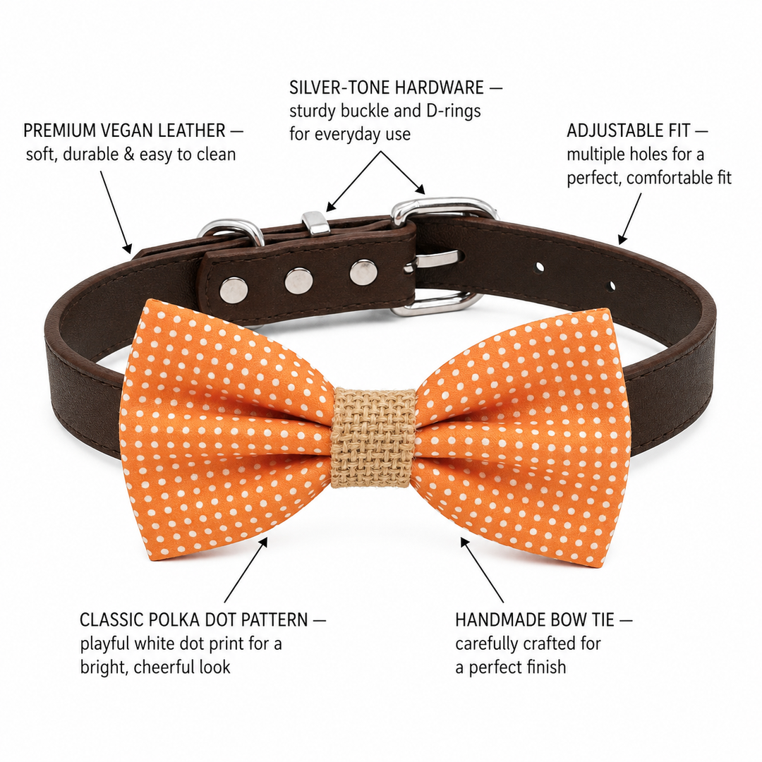 Orange Polka Dot Ring Bearer Wedding Dog Bow Tie Collar with Burlap Center and Brown Vegan Leather Collar