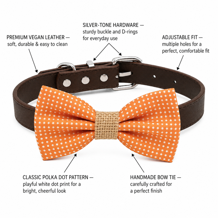 Orange Polka Dot Ring Bearer Wedding Dog Bow Tie Collar with Burlap Center and Brown Vegan Leather Collar
