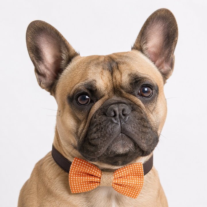 Orange Polka Dot Ring Bearer Wedding Dog Bow Tie Collar with Burlap Center and Brown Vegan Leather Collar