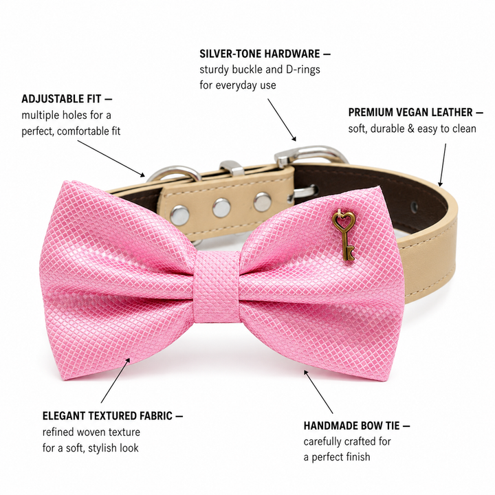 Pink Ring Bearer Dog Bow Tie Collar with Heart Key Charm and Beige Vegan Leather Collar