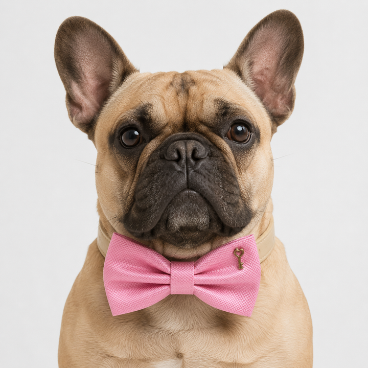 Pink Ring Bearer Dog Bow Tie Collar with Heart Key Charm and Beige Vegan Leather Collar