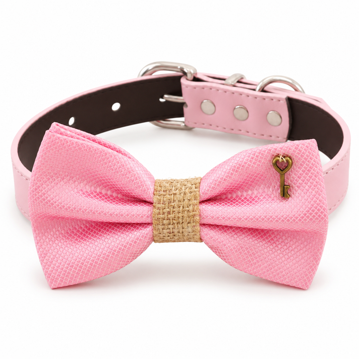 Pink Ring Bearer Dog Bow Tie Collar with Heart Key Charm and Soft Pink Vegan Leather Collar