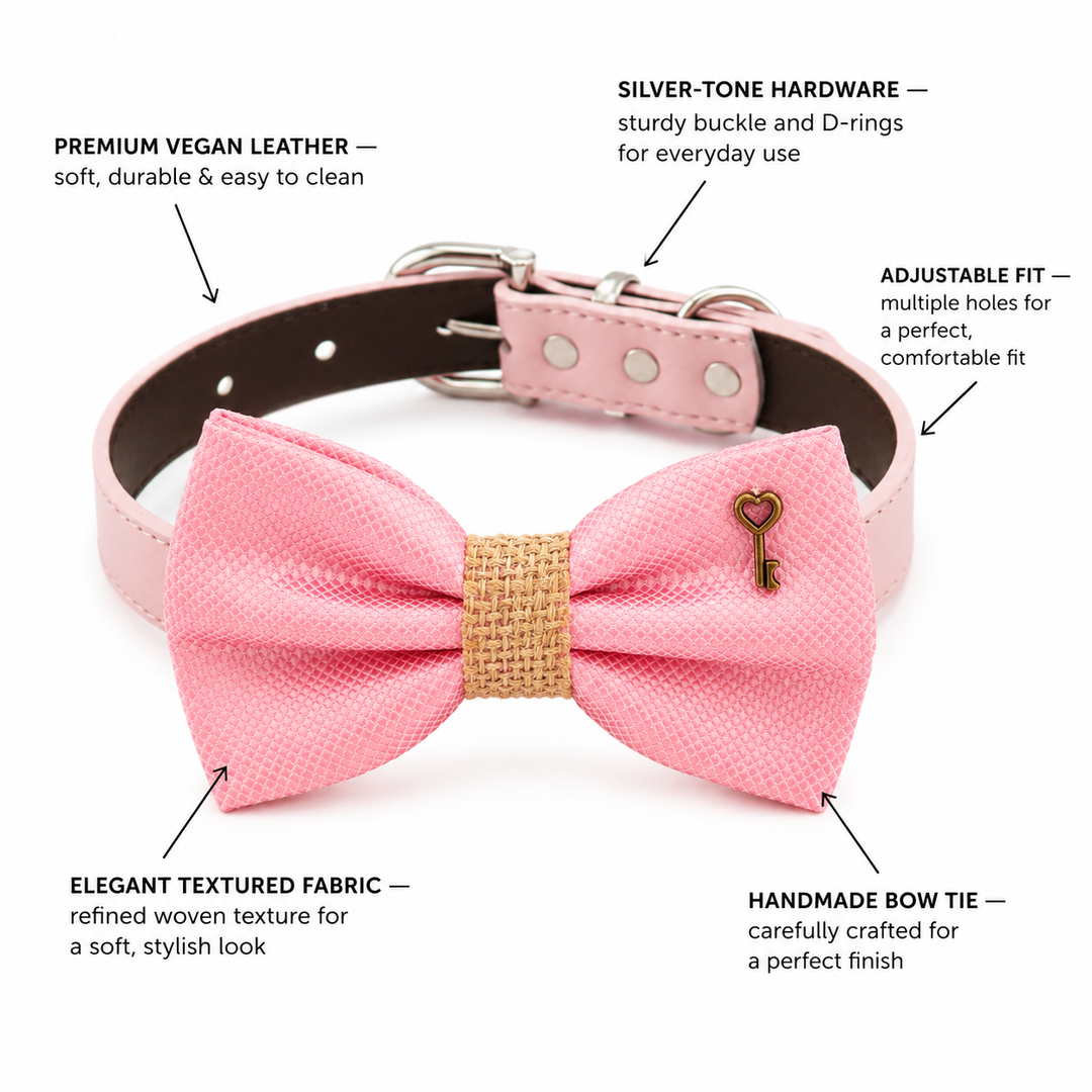 Pink Ring Bearer Dog Bow Tie Collar with Heart Key Charm and Soft Pink Vegan Leather Collar