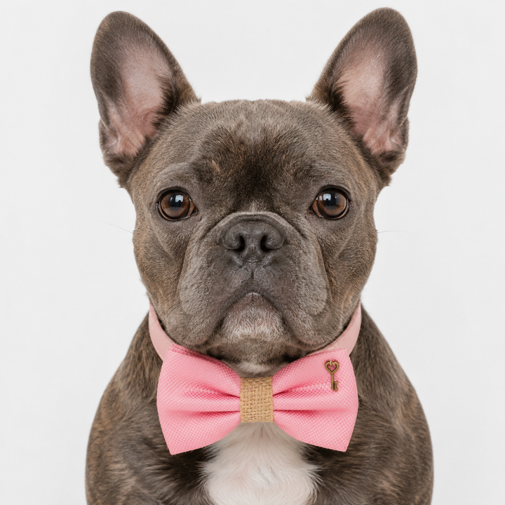 Pink Ring Bearer Dog Bow Tie Collar with Heart Key Charm and Soft Pink Vegan Leather Collar