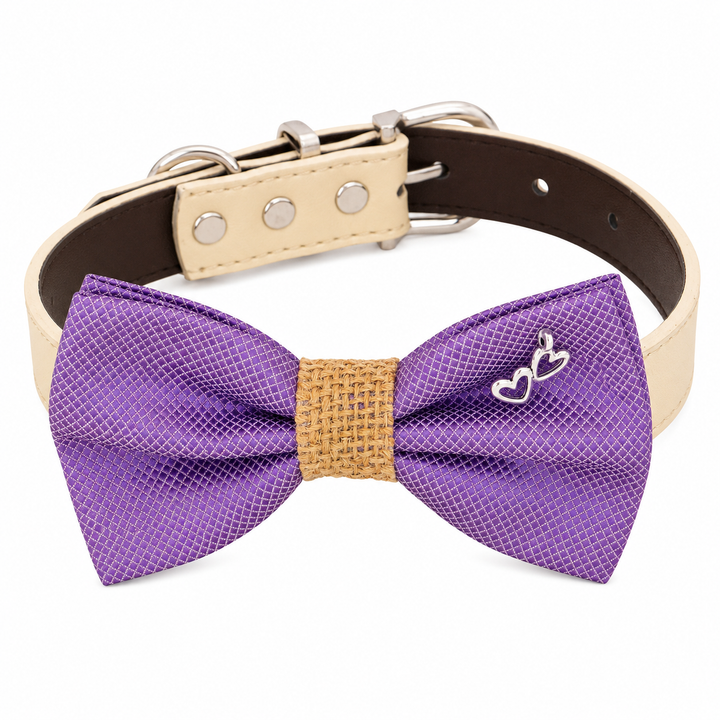 Purple Double Heart Charm Ring Bearer Wedding Dog Bow Tie Collar with Adjustable Ivory Vegan Leather Collar