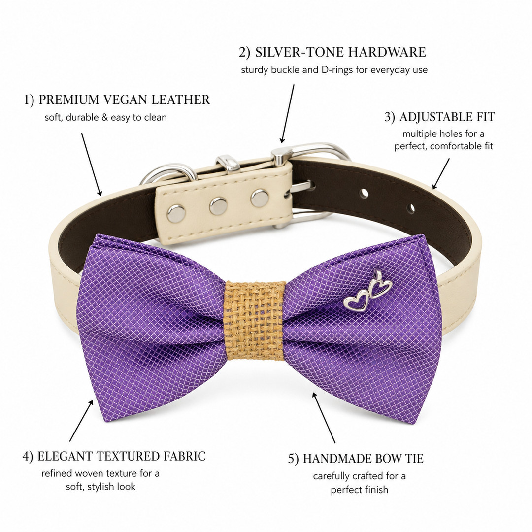 Purple Double Heart Charm Ring Bearer Wedding Dog Bow Tie Collar with Adjustable Ivory Vegan Leather Collar