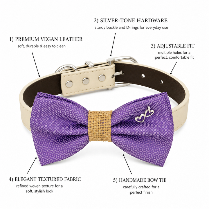 Purple Double Heart Charm Ring Bearer Wedding Dog Bow Tie Collar with Adjustable Ivory Vegan Leather Collar