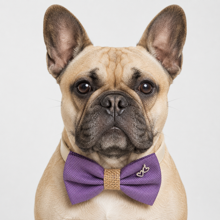 Purple Double Heart Charm Ring Bearer Wedding Dog Bow Tie Collar with Adjustable Ivory Vegan Leather Collar