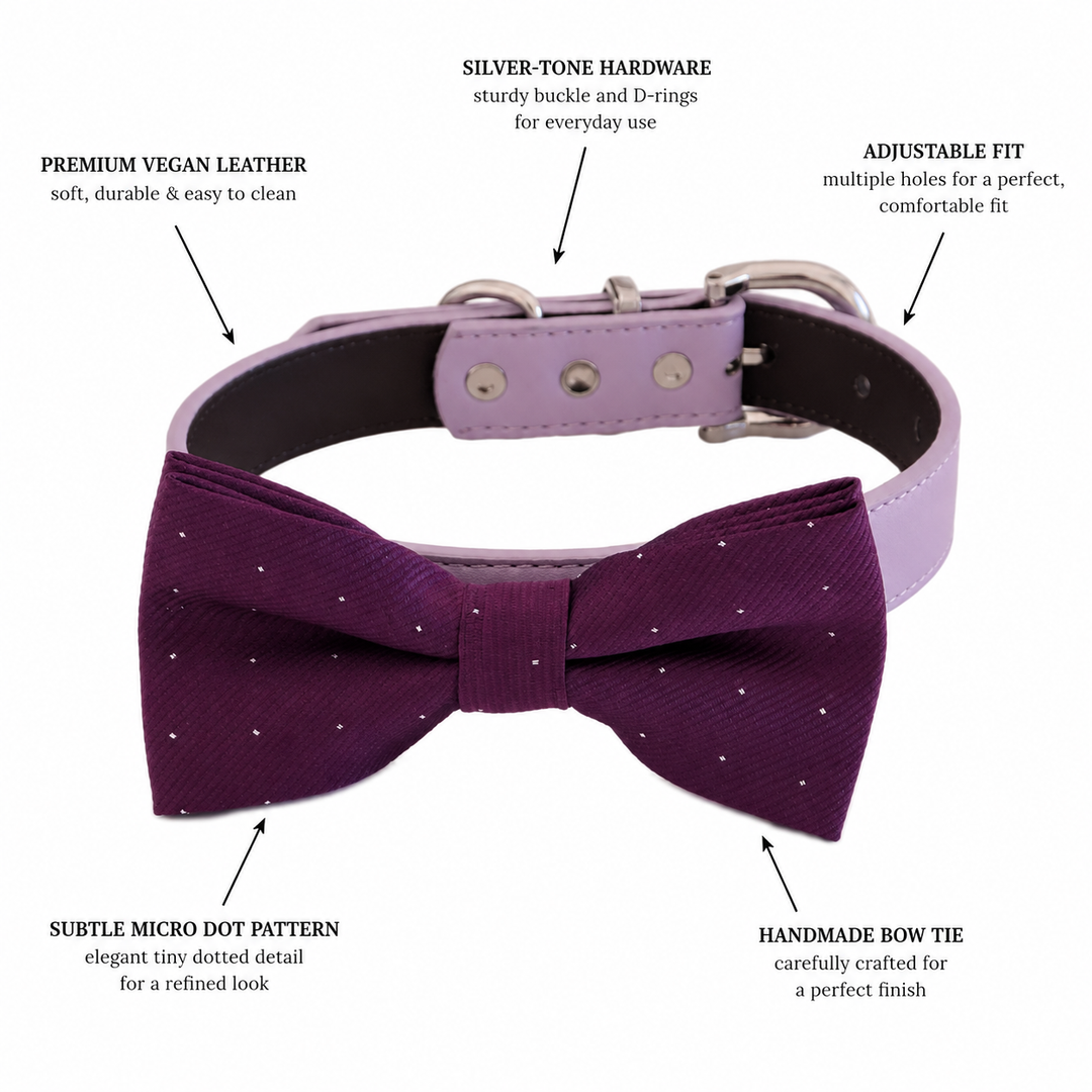 Plum Polka Dot Ring Bearer Dog Bow Tie Collar with Lilac Vegan Leather Collar