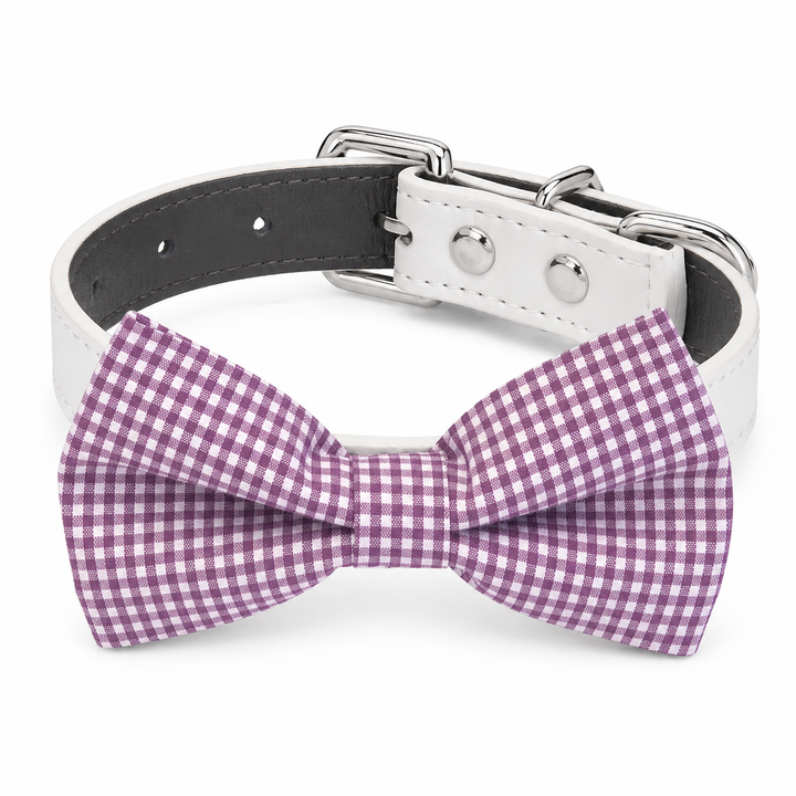 Purple Gingham Ring Bearer Dog Bow Tie Collar with White Vegan Leather Collar