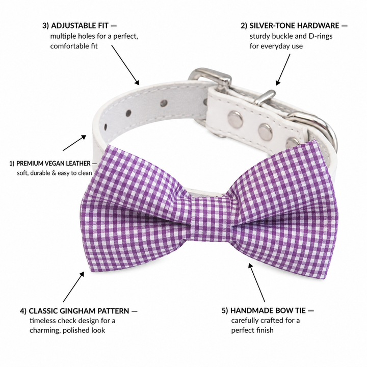 Purple Gingham Ring Bearer Dog Bow Tie Collar with White Vegan Leather Collar