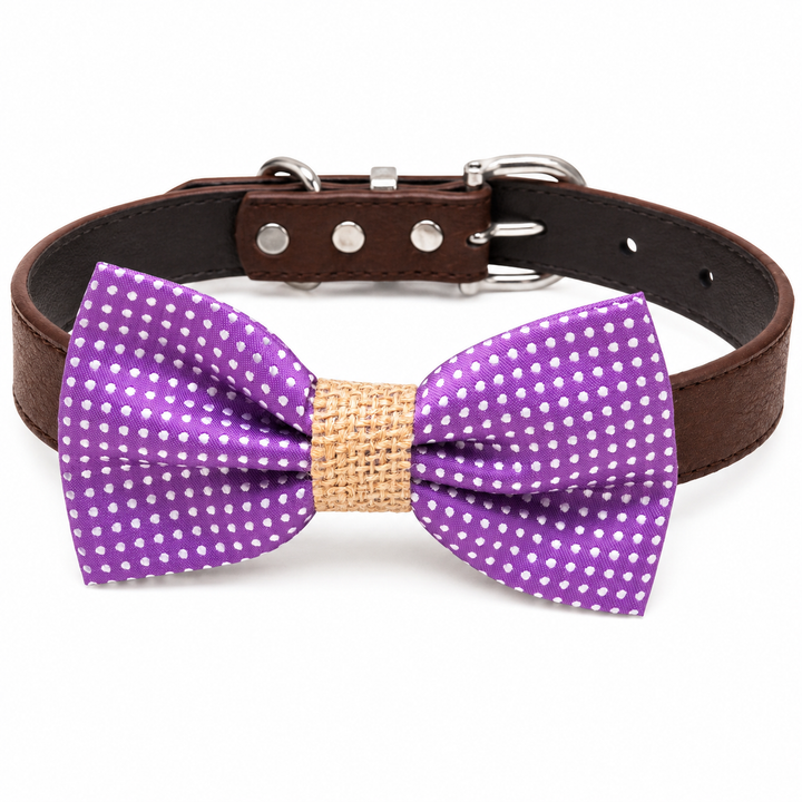 Purple Polka Dot Ring Bearer Dog Bow Tie Collar with Burlap Center Wrap and Brown Vegan Leather Collar