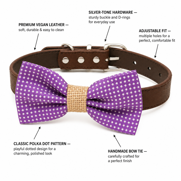 Purple Polka Dot Ring Bearer Dog Bow Tie Collar with Burlap Center Wrap and Brown Vegan Leather Collar
