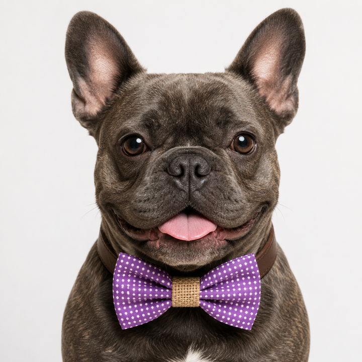 Purple Polka Dot Ring Bearer Dog Bow Tie Collar with Burlap Center Wrap and Brown Vegan Leather Collar