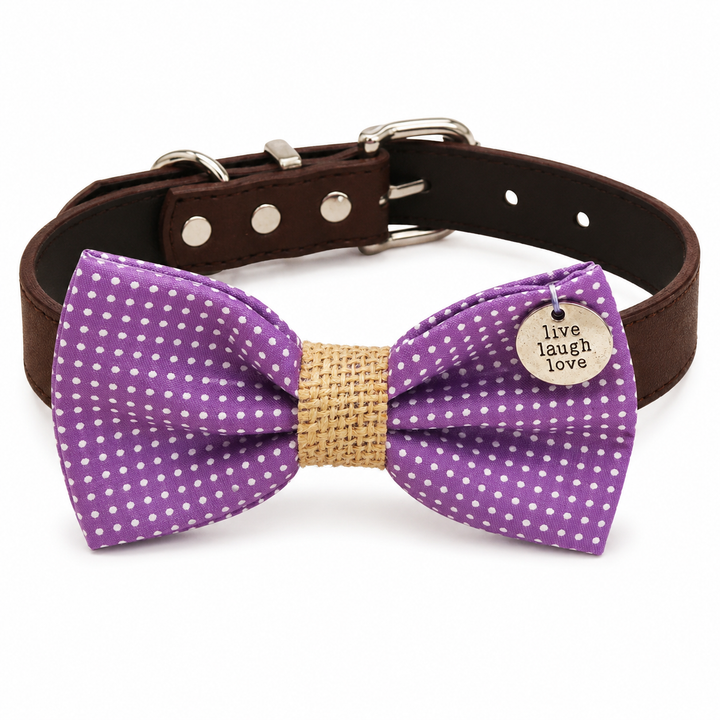 Purple Polka Dot Ring Bearer Dog Bow Tie Collar with Live Laugh Love Charm, Burlap Center Wrap and Brown Vegan Leather Collar