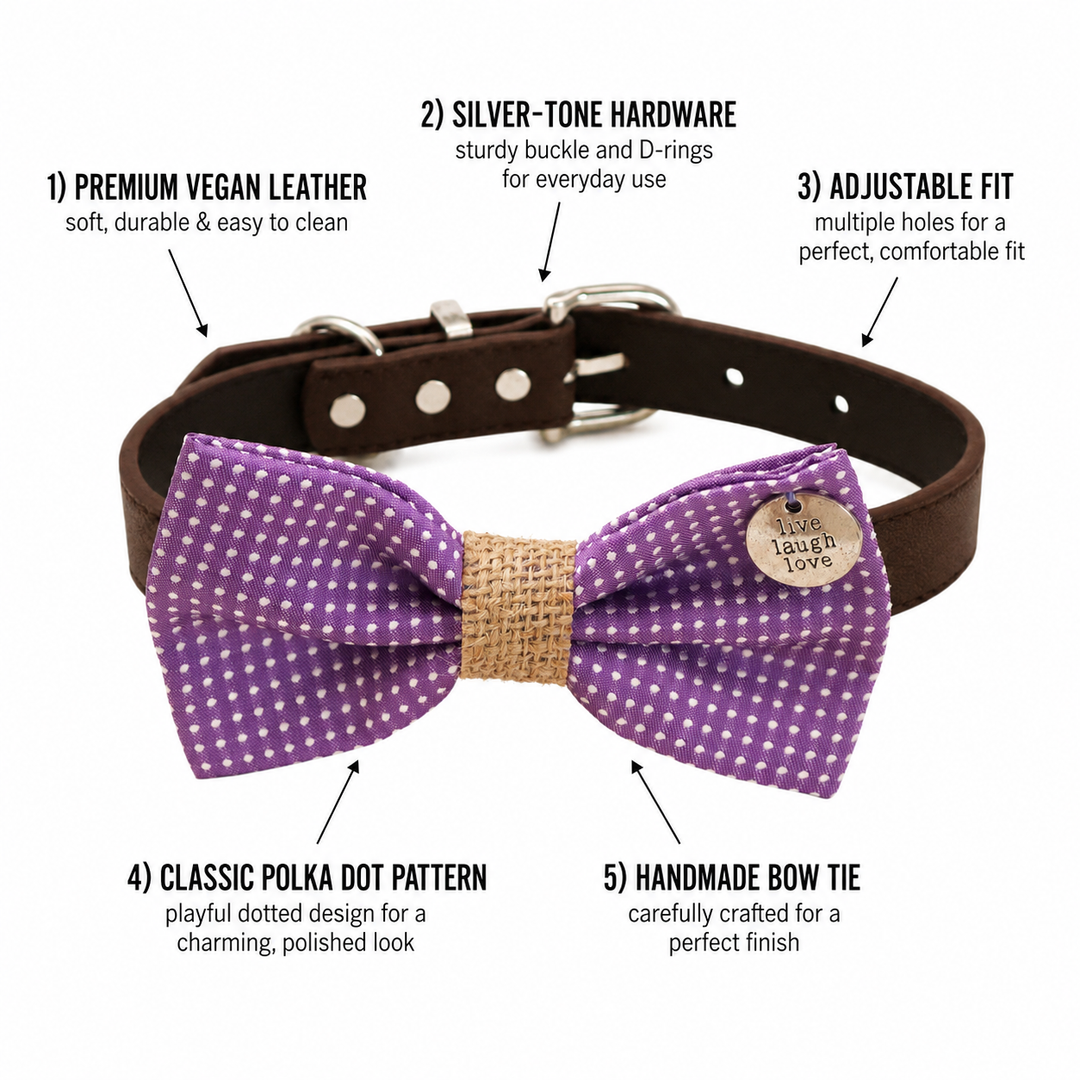Purple Polka Dot Ring Bearer Dog Bow Tie Collar with Live Laugh Love Charm, Burlap Center Wrap and Brown Vegan Leather Collar