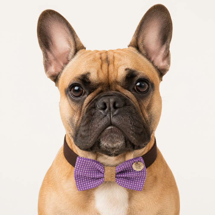 Purple Polka Dot Ring Bearer Dog Bow Tie Collar with Live Laugh Love Charm, Burlap Center Wrap and Brown Vegan Leather Collar