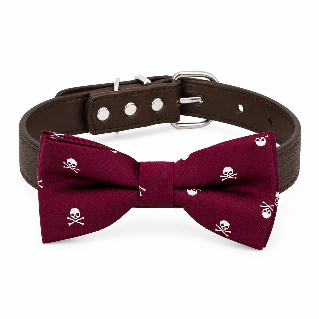 Burgundy Skull Pattern Ring Bearer Dog Bow Tie Collar with Brown Vegan Leather Collar