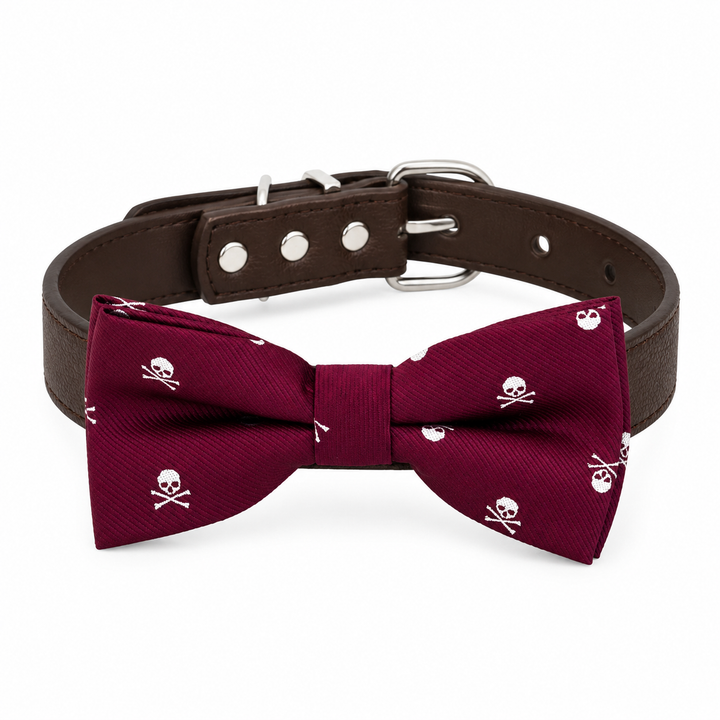 Burgundy Skull Pattern Ring Bearer Dog Bow Tie Collar with Brown Vegan Leather Collar