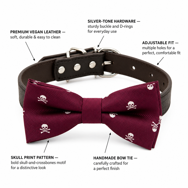 Burgundy Skull Pattern Ring Bearer Dog Bow Tie Collar with Brown Vegan Leather Collar