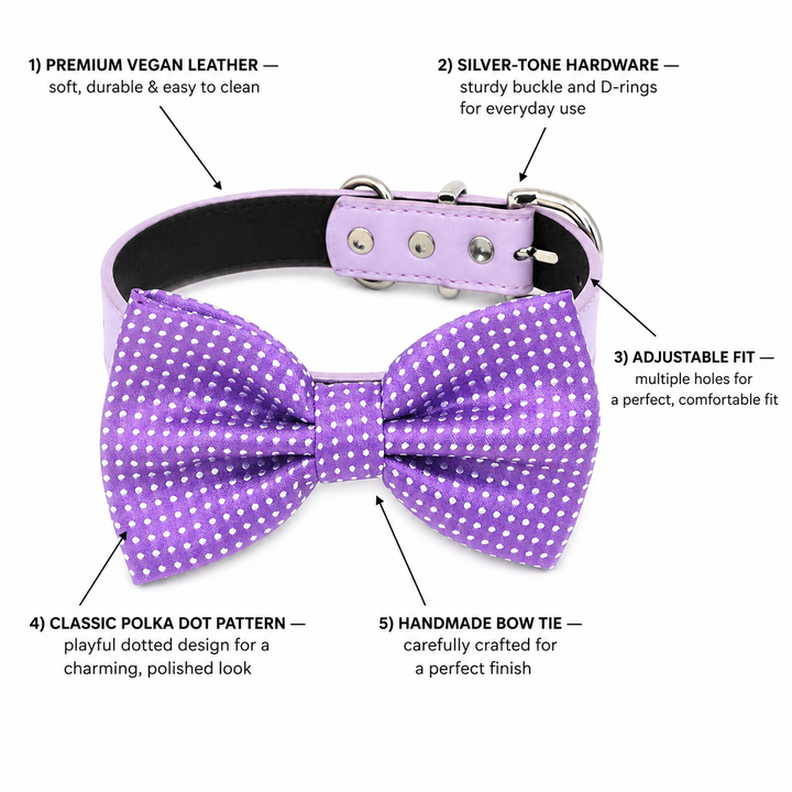 Purple Polka Dot Ring Bearer Wedding Dog Bow Tie Collar with Adjustable Lilac Vegan Leather Collar