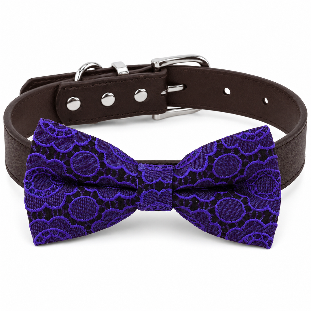 Purple Floral Lace Ring Bearer Dog Bow Tie Collar with Brown Vegan Leather Collar