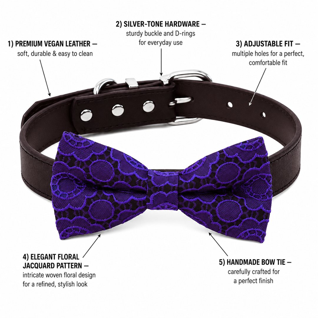 Purple Floral Lace Ring Bearer Dog Bow Tie Collar with Brown Vegan Leather Collar