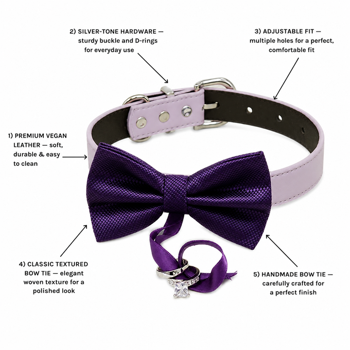 Purple Ring Bearer Dog Bow Tie Collar with Ring Ribbon and Lilac Vegan Leather Collar