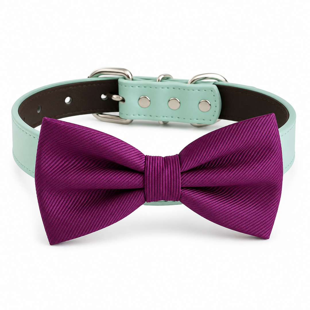 Magenta Purple Ring Bearer Dog Bow Tie Collar with Mint Vegan Leather Collar