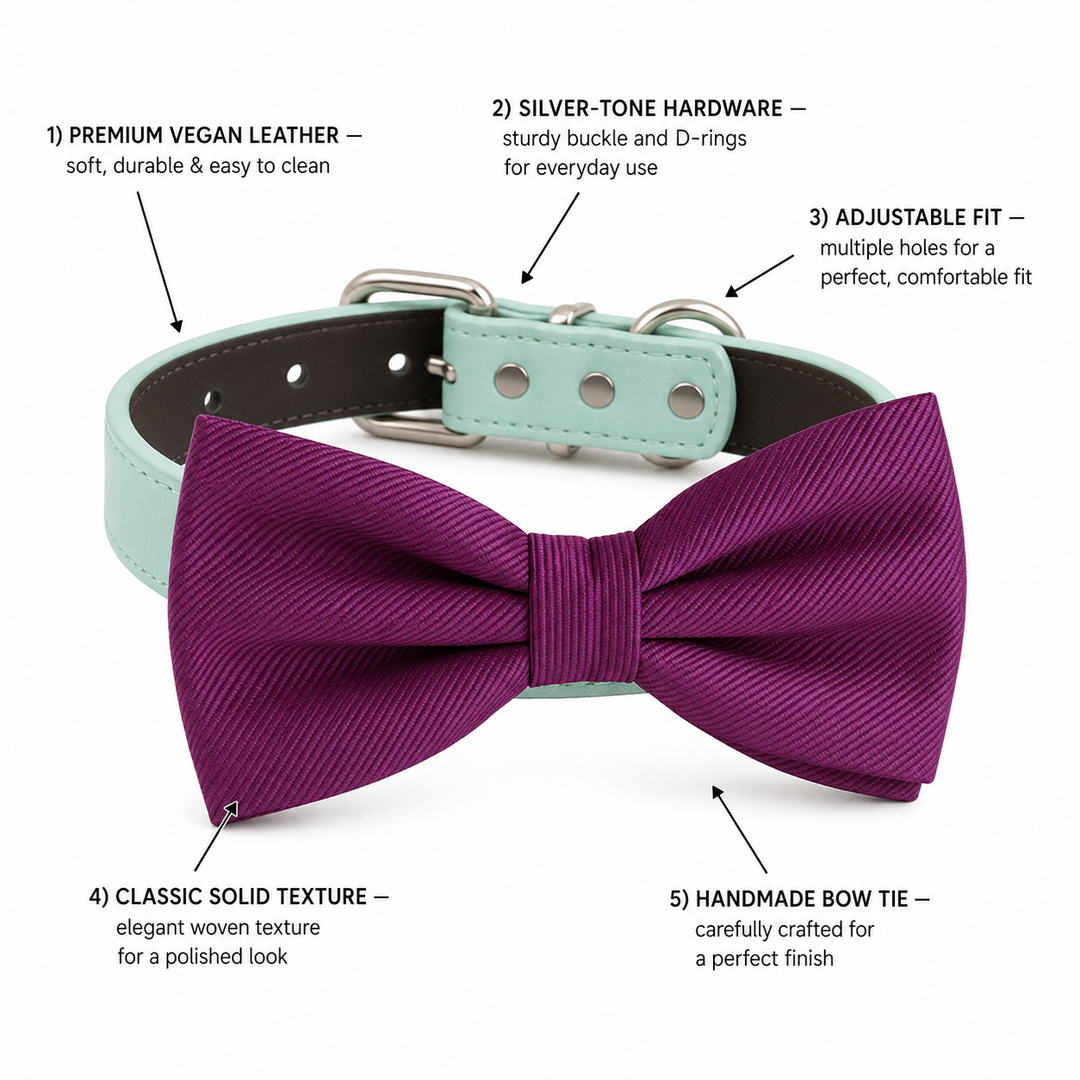 Magenta Purple Ring Bearer Dog Bow Tie Collar with Mint Vegan Leather Collar