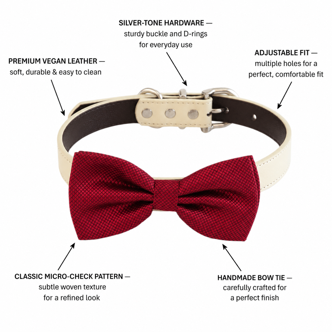 Luxury Red Ring Bearer Dog Bow Tie Collar with Ivory Vegan Leather Collar