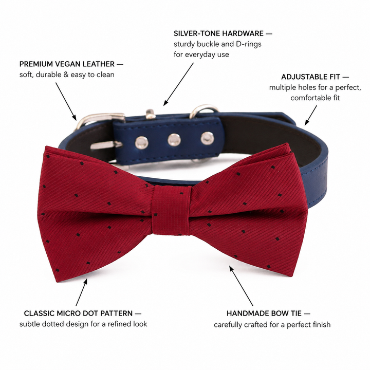 Classic Red Ring Bearer Dog Bow Tie Collar with Navy Vegan Leather Collar