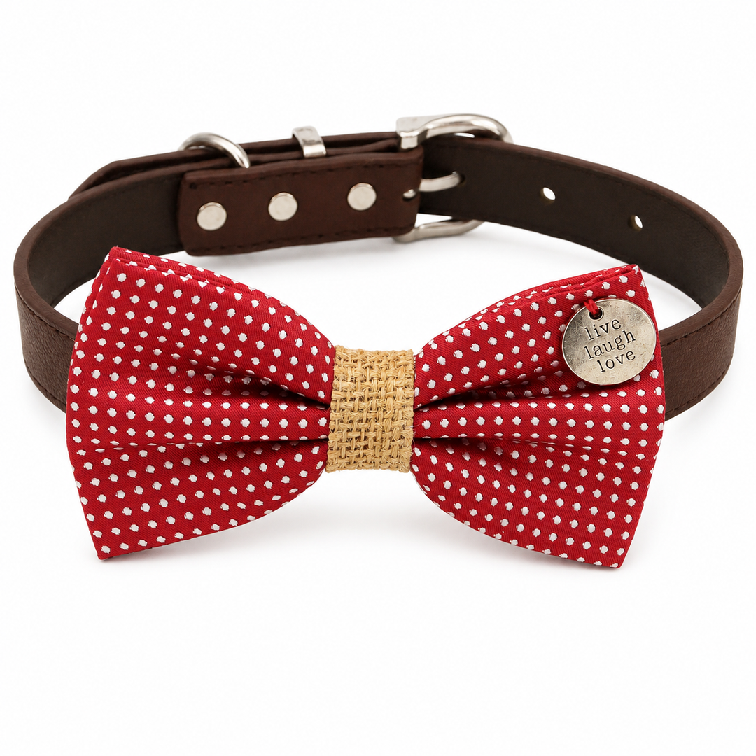 Red Polka Dot Ring Bearer Dog Bow Tie Collar with Brown Vegan Leather Collar