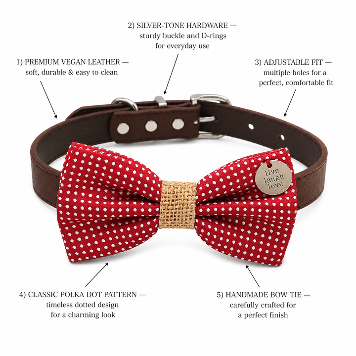 Red Polka Dot Ring Bearer Dog Bow Tie Collar with Brown Vegan Leather Collar
