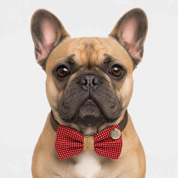 Red Polka Dot Ring Bearer Dog Bow Tie Collar with Brown Vegan Leather Collar